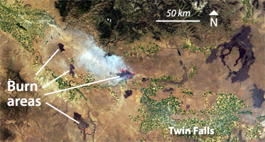 MODIS Terra image of southwestern Idaho wildfires, Aug 16, 2011